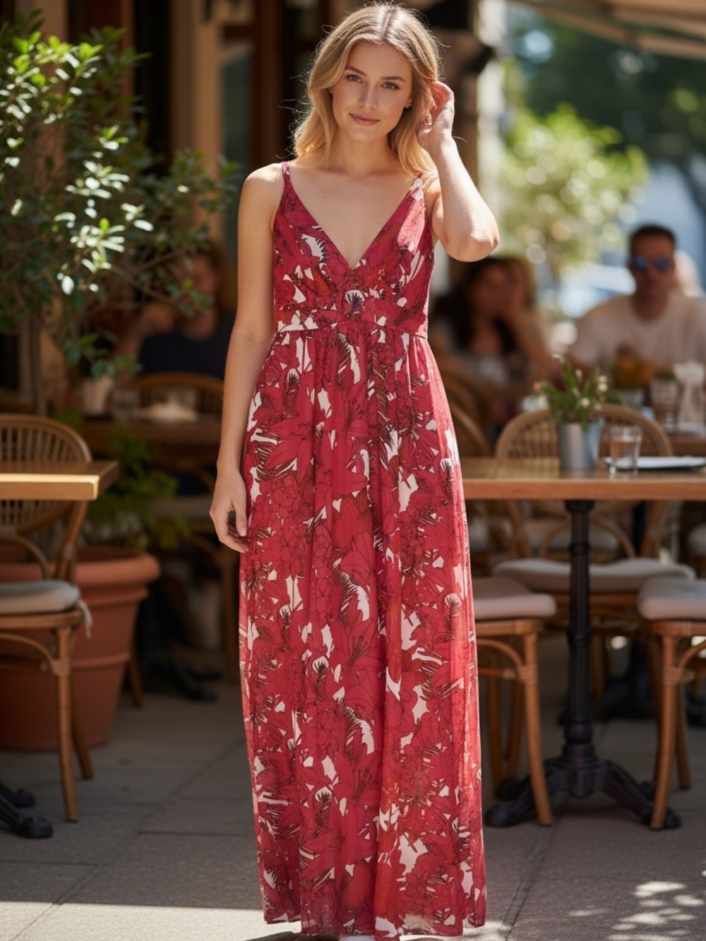 Forever 21 Women’s Red Floral Maxi Dress - Sleeveless V-Neck
